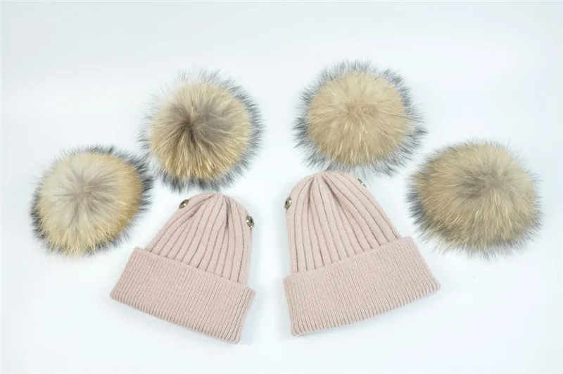 Зимняя шапка для детей, для мамы и ребенка, шерстяная кашемировая одежда для ребенка, вязаная шапка, натуральная двойная меховая шапка с вязаным помпоном, шапка