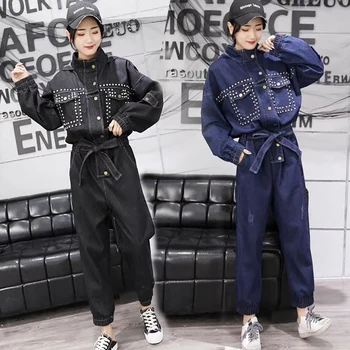 

2019 spring and autumn hooded loose women's washed denim jumpsuit 2019 spring new personality heavy work female