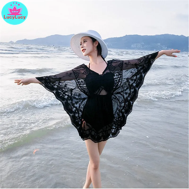 

2019 beach holiday hollow pullover lace shirt sexy bikini swimsuit long section sunscreen clothing female thin coat