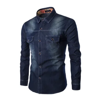 

Brand New Denim Men's Oversized Casual Shirt Social Solid Color Shirt Full Sleeve Turn Down Collar