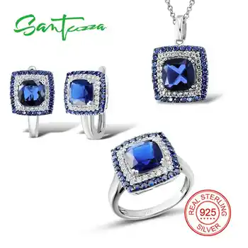 SANTUZZA Silver Jewelry Sets for Women Shiny Blue Crystal White CZ Ring Earrings Pendant 925 Sterling Silver Fashion Jewelry Set - Category 🛒 Jewelry & Accessories