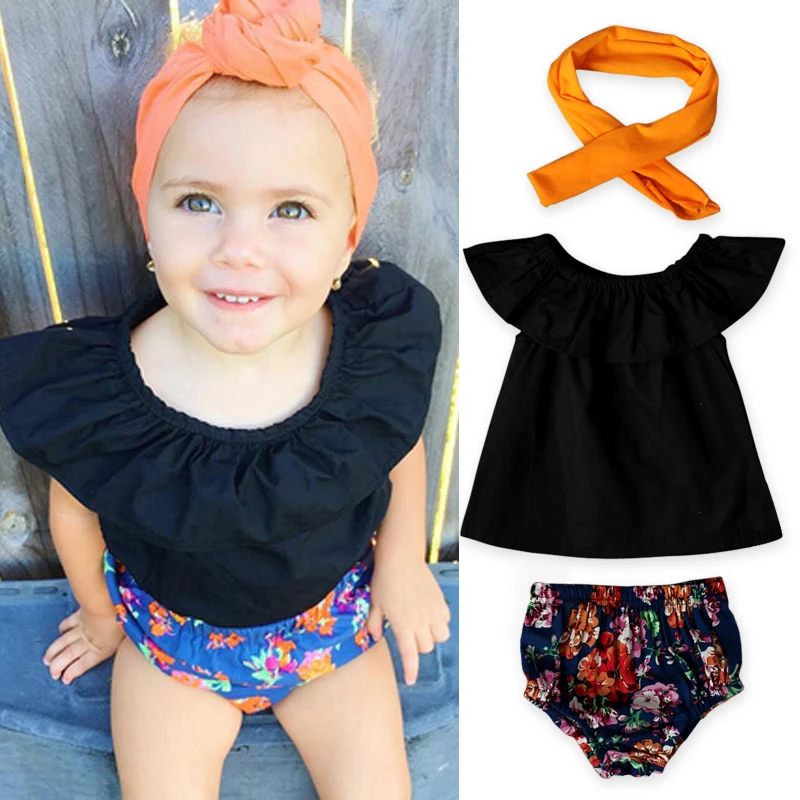 2017 Summer Korean Baby Girl Clothing Set Children Baby Girl Black Tops