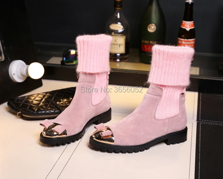 Qianruiti/сапоги с металлическим носком и бантом; botas femininas De Inverno; эластичные вязаные гетры средней высоты; женская обувь; теплые зимние сапоги