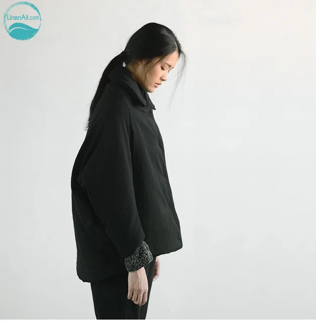 Cheap LinenAll.com women's black parkas, linen+cotton thick original design winter straight short parkas coat outerwear female LT
