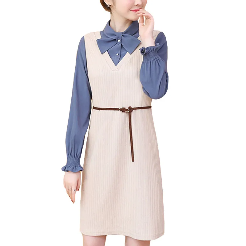 

2019 Spring New Fake Two-piece A-line Bottom Knitted Sweaters Dress Autumn Long Sleeve Loose Casual Slim Dresses Vestidos L248