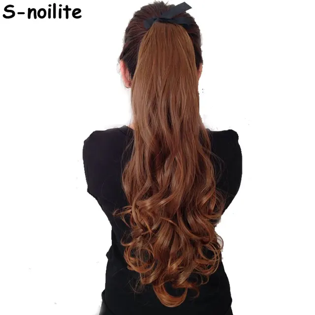 Cheap S-noilite Long Wavy Ponytail Synthetic Hair Clip in Hair Extension Natural Hair Pieces Ribbon Wrap Around Black Brown Blonde