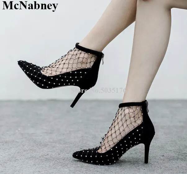 

McNabney Summer Rhinestone Mesh Hollow Black Sexy Women Boots Pointed Toe Ankle Strap Stiletto Heel Zip Short Boots Women Shoes