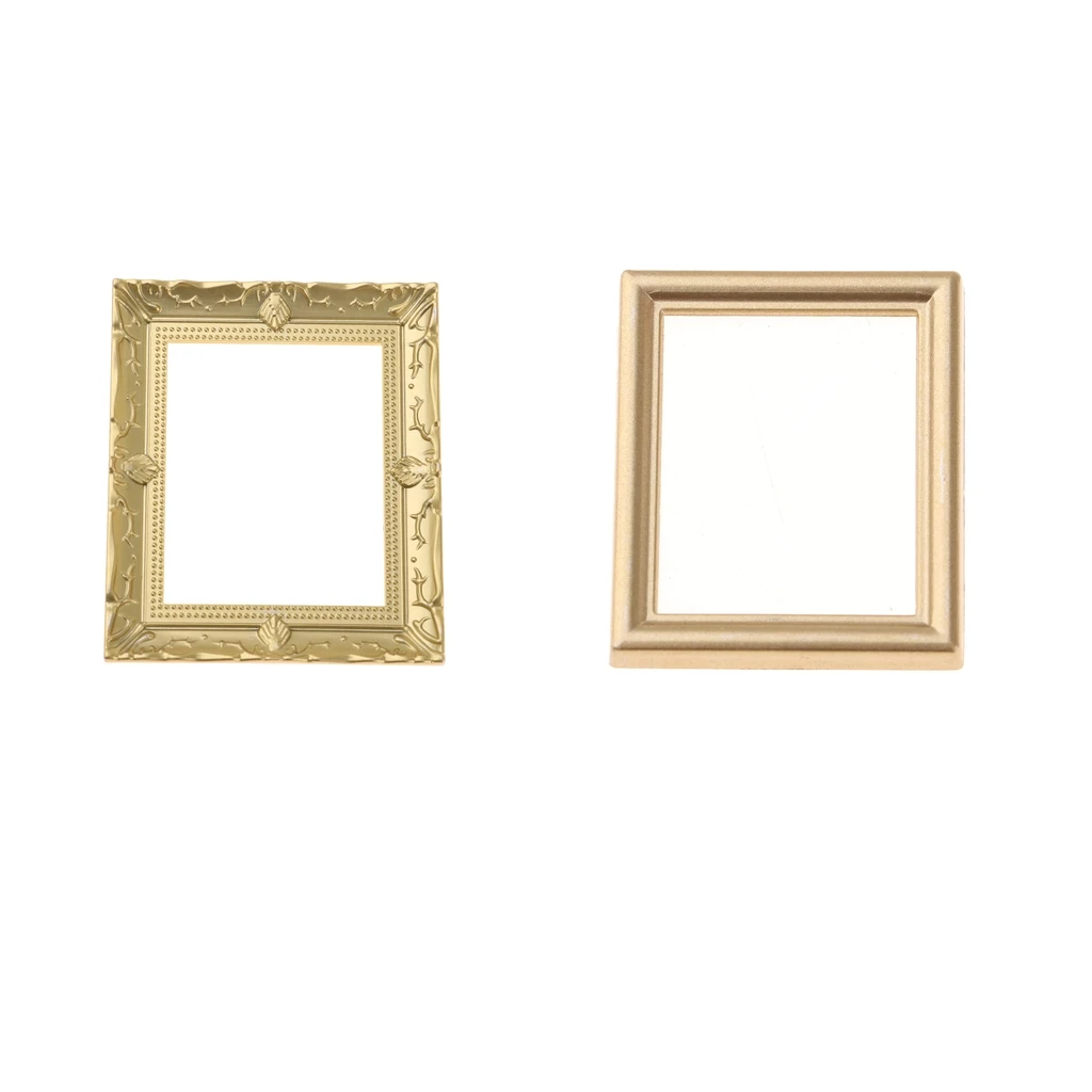 2 Pieces Miniature Mural Golden Picture Painting Photo Frames for 1/12 Dollhouse Living Room Bedroom Wall Decoration