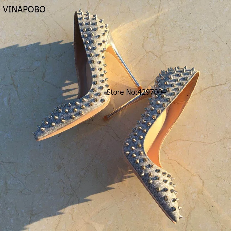 Vinapobo Glitter Spikes Women Fashion Shoes Studded Rivets Silver High Heels Lady Shoes stiletto pumps shoes plus size 35-43