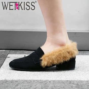 

WETKISS Winter Low Heels Women Pumps Square Toe Fur Plush Footwear Warm Female Shoes Fashion Casual Shoes Woman 2019 Spring New