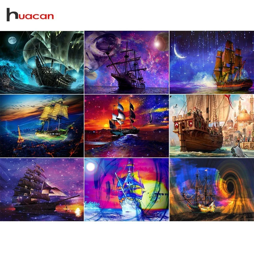 

Huacan DIY Diamond Painting Ship Full Square Diamond Embroidery Landscape Cross Stitch Rhinestones Scenery Diamond Mosaic