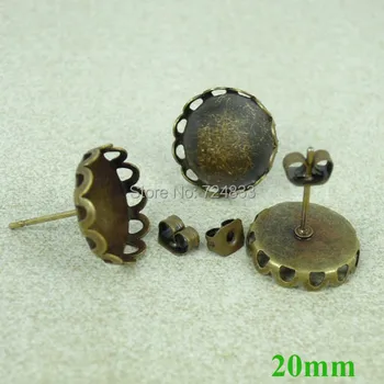 

20mm Antique Bronze tone Blank Earrings Settings Bases Round Bezel Stud Earrings Post w/ Stopper Back Earring Findings Wholesale