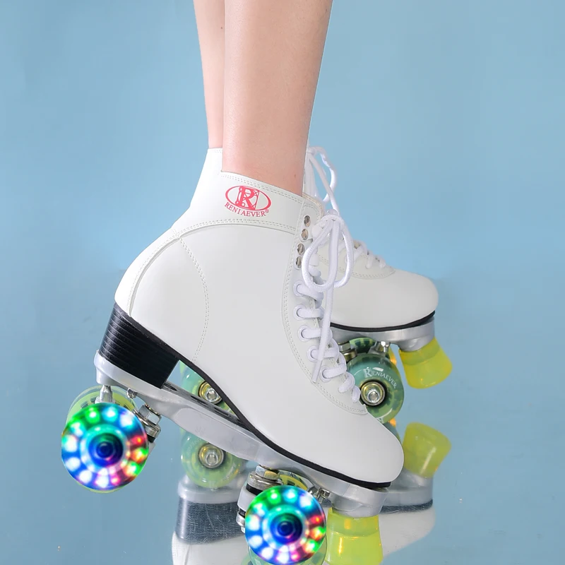  Roller skates Classic White and Green Flash LED Wheels High-Top Quad Roller skating Free Shipping - 33013983099