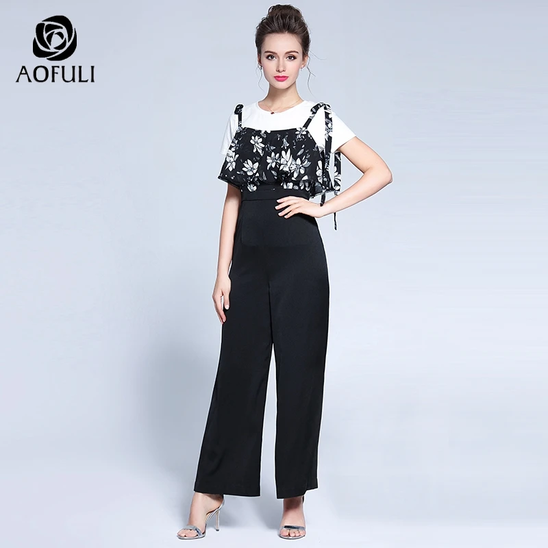 AOFULI L- XXXL 4XL 5XL Two Piece Women Set Summer Jumpsuit And T-shirt Outfit Wide Leg Pants Suit Ruffles Fashion Twinset 09914
