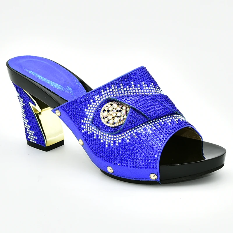 Женские босоножки; коллекция года; летние женские свадебные туфли в нигерийском стиле; Украшенные стразами; женские Босоножки на каблуке; женская обувь без застежки - Цвет: Синий