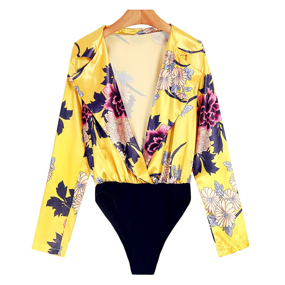 2018 Sexy Smooth Sexy Deep V Neck Patchwork fit Women Bodysuit Shirt Floral Print Long Sleeve Slim Lady Playsuit