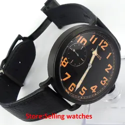 46 мм Парнис PVD Дело световой черный циферблат 6497 Рука обмотки каучуковый ремешок мужские часы