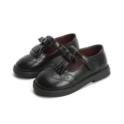 Кожаная обувь с кисточками для девочек черные ботинки школьные кроссовки для девочек кроссовки для детей на плоской подошве кожаная