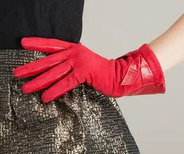 Зимние перчатки из натуральной кожи, женские замшевые наручные перчатки из овечьей шкуры, женские кожаные перчатки для вождения - Цвет: red