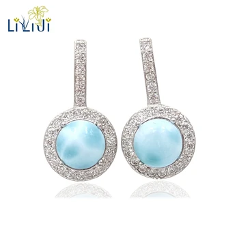 

LiiJi Unique Natural Stone Larimar Classic Luxury Shining Zircon Real 925 Sterling Silver Stud Earring Women Wedding Jewelry