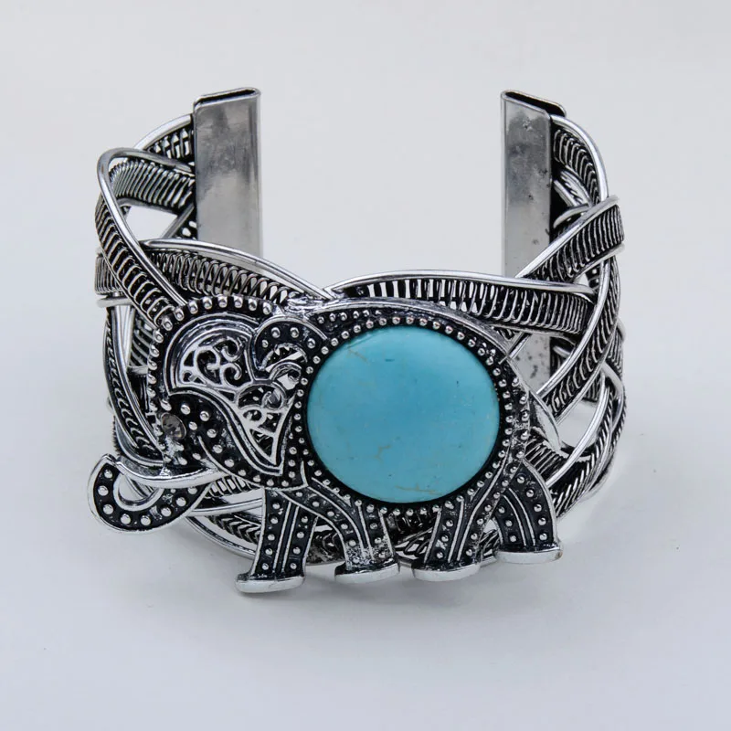 

Retro Vintage Antique Silver Color Elephant Charm Stone Bracelet Bangle Adjustable Open Cuff For Women Girls