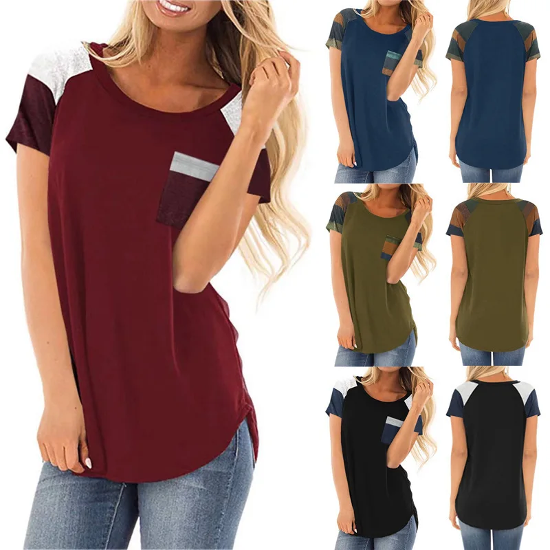 

Women's short-sleeved striped pocket round neck T-shirt top casual loose stitching simple t-shirt women shirts harajuku shirt