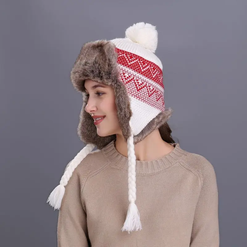 11 Styles Women Winter Thicken Lining Earflap Hat Knitted Contrast Color Snow Ski Beanie Cap Pompom Ball Long Tassels Ear Warmer