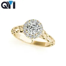 QYI Vintage tallado amarillo sólido 14K oro Halo anillos mujeres corte redondo 0,5 ct Sona diamante simulado mujeres compromiso anillo de boda