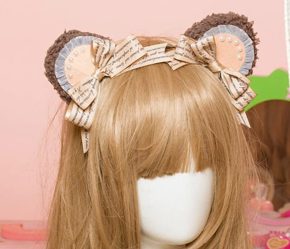 

Women Cute Bear Ears Headband Bows Pearls Hair Band Headwear