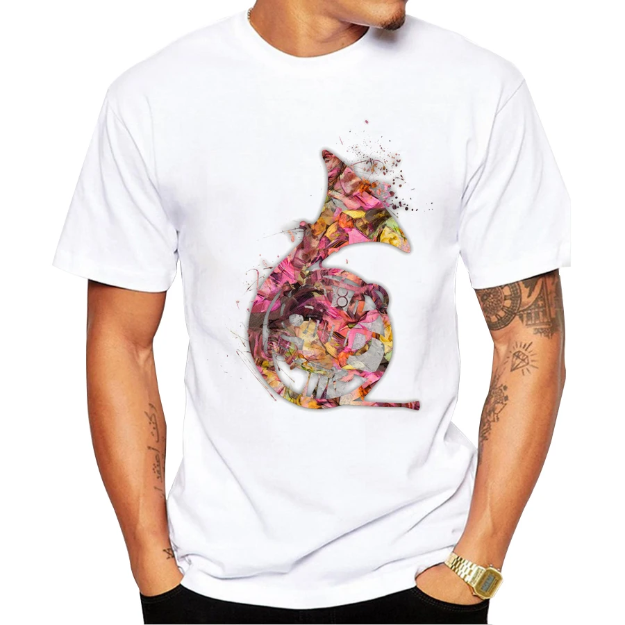 

2018 New Arrivals French horn Men T Shirt Floral Horn Printed t-shirt Short Sleeve Casual Basic Tops Cool Tee Shirts