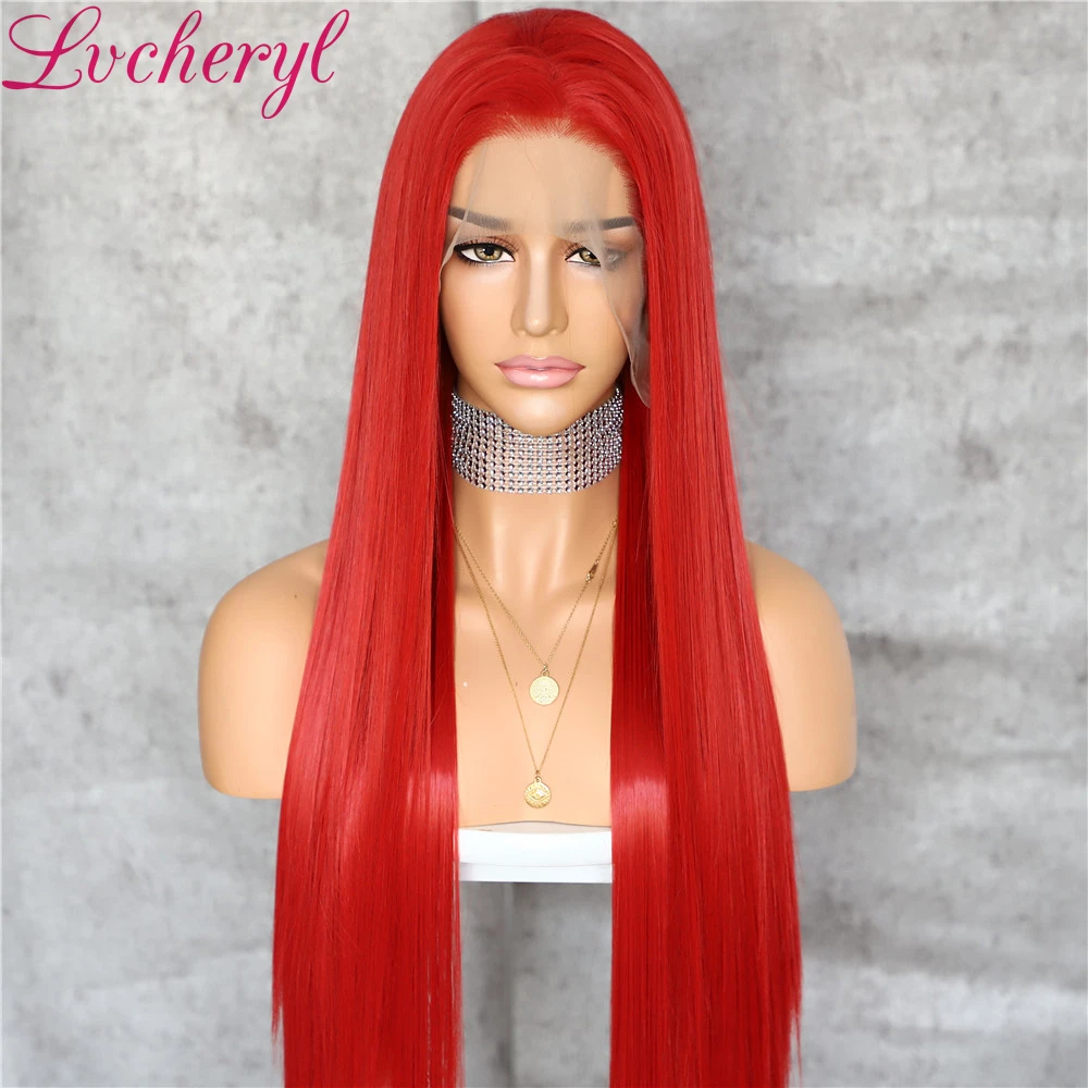 Lvcheryl ручная связка 13x6 красный цвет свободная часть Futura волокна парики с прямыми волосами Длинные термостойкие синтетические кружева передний парик - Цвет: Красный