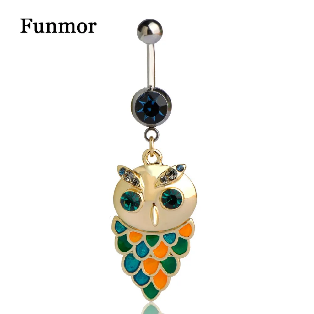 

Funmor Enamel Owl Body Piercing Navel Bar Women Girl Bikini Jewelry Green Crystal Rhinestone Animal Pendant Belly Button Ring