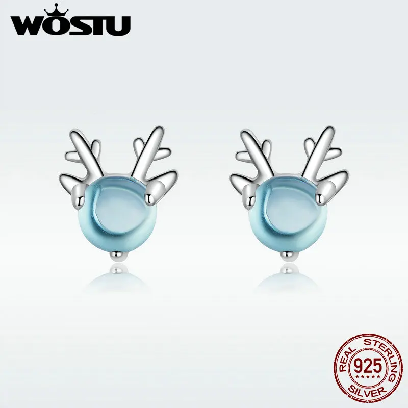 

WOSTU Real 100% 925 Sterling Silver Lovely Elk Blue Stud Earrings Glass Stone Fashion Earrings For Women Wedding Jewelry DAE210