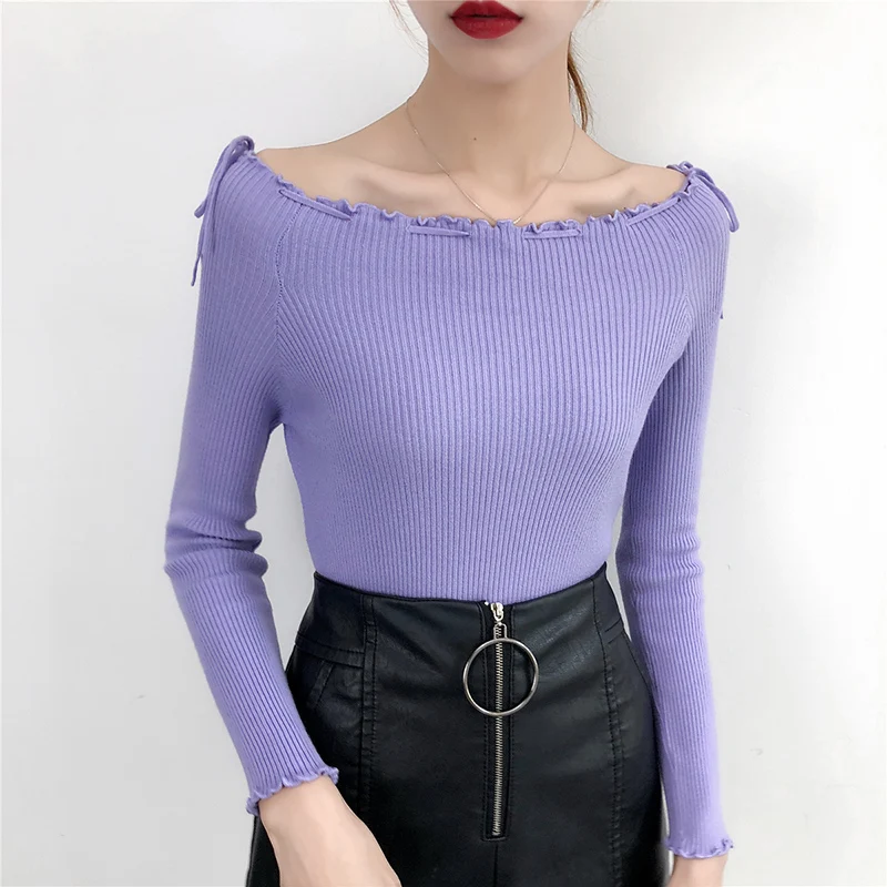 Sexy Lace Up Slash Neck Sweater Women 2018 Autumn Winter Knitted Pullover Casual slim Bottoming Fashion Long Sleeved Female tops