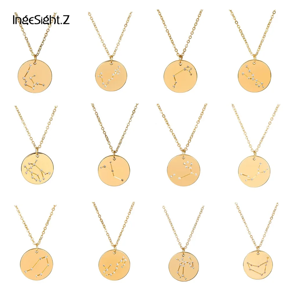 

IngeSight.Z Fashion Personalized Twelve Constellations Carved Coin Necklace Statement Crystal Leo Pendant Necklace Women Jewelry
