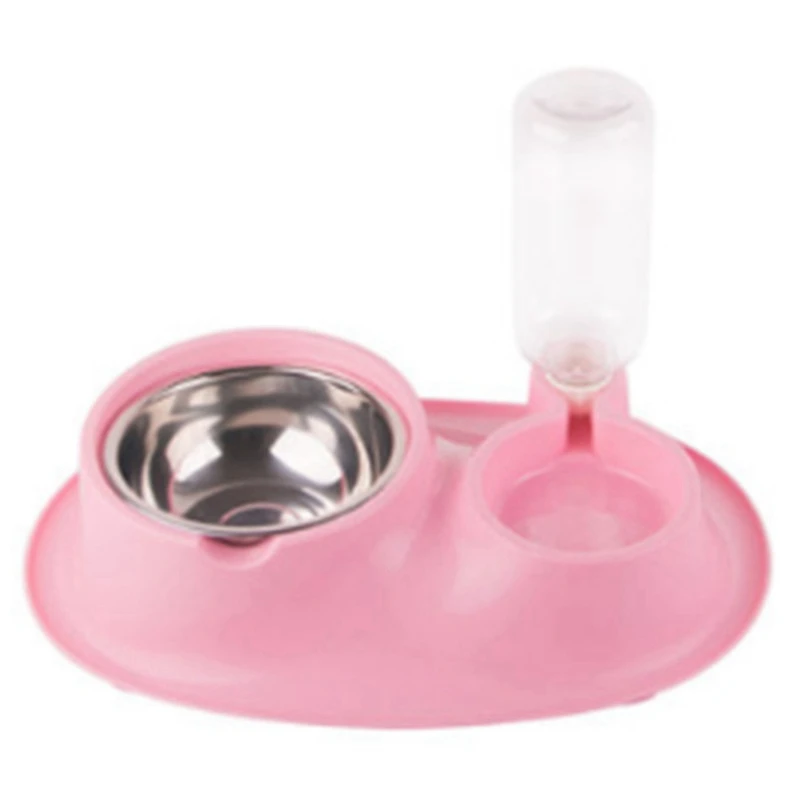 Миска для собак и кошек из нержавеющей стали, миска для домашних животных, автоматическая подача воды, две миски для питья, диспенсер для еды, бутылочка для питья, миска, принадлежности - Цвет: Pink