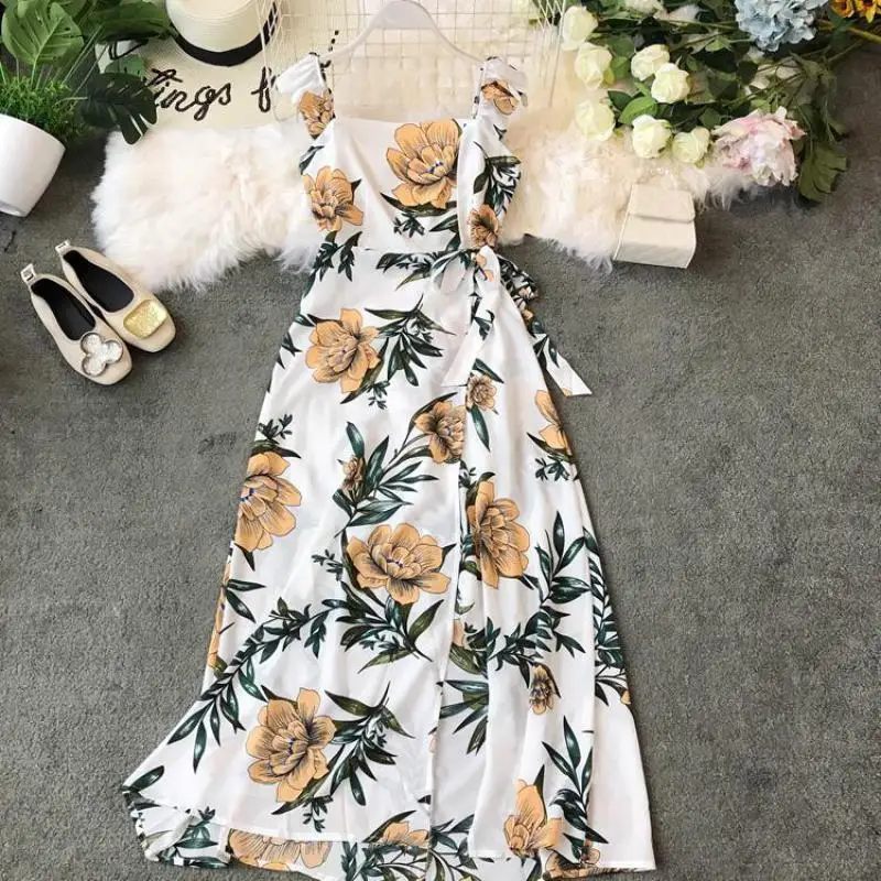 

Women Bodycon Boho Dress New Summer Sleeveless Vintage Floral Print Long Robe Woman Backless Spaghetti Strap Chiffon Dresses