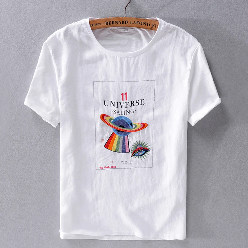 

2019 Summer new men's casual linen short-sleeved t-shirt white beach loose breathable cotton trend men t shirt brand camiseta