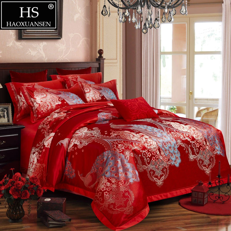 المنسوجات المنزلية الملكة الملك حجم أربعة قطعة طقم سرير هدية مربع الأحمر الأزرق الذهبي الزفاف الجاكار الطاووس الفاوانيا نوم المعزون