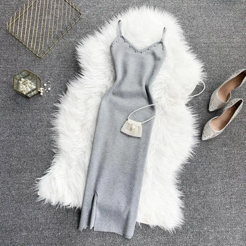 Online Euro Amerika Seksi V Leher Embun Kembali Kuku Manik manik, Tubuh Langsing, Rok dan Pantat Perawatan Mesin satu Langkah Rok Dress Rajutan Knit 2019
