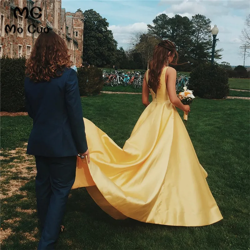 Wonderful-Yellow-Satin-Evening-Dress-V-Neck-A-Line-Sweep-Train-Long-Formal-Occasion-Dresses-2019 (1)