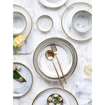 

dinner plate ceramic 7.5 inch round European style plate marble printed pigmented gold inlay porcelain noodle bowl creative dish