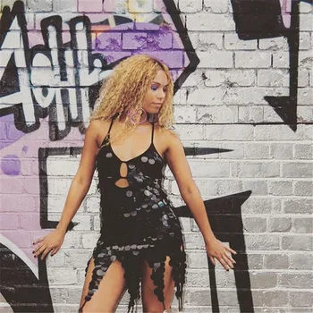 

Fashion Bandage Sleeveless Sequined Dress Sexy Women Night Club Spaghetti Strap Backless Body con Deep V-Neck Dresses Wholesale