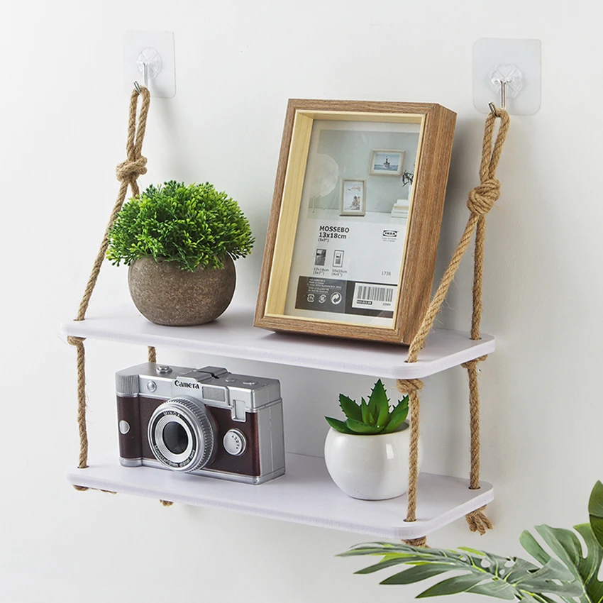 

Wooden Hanging Shelf Swing Rope Floating Shelves 2 Tier Jute Rope Wall Display Rack Children room kids clothing store display