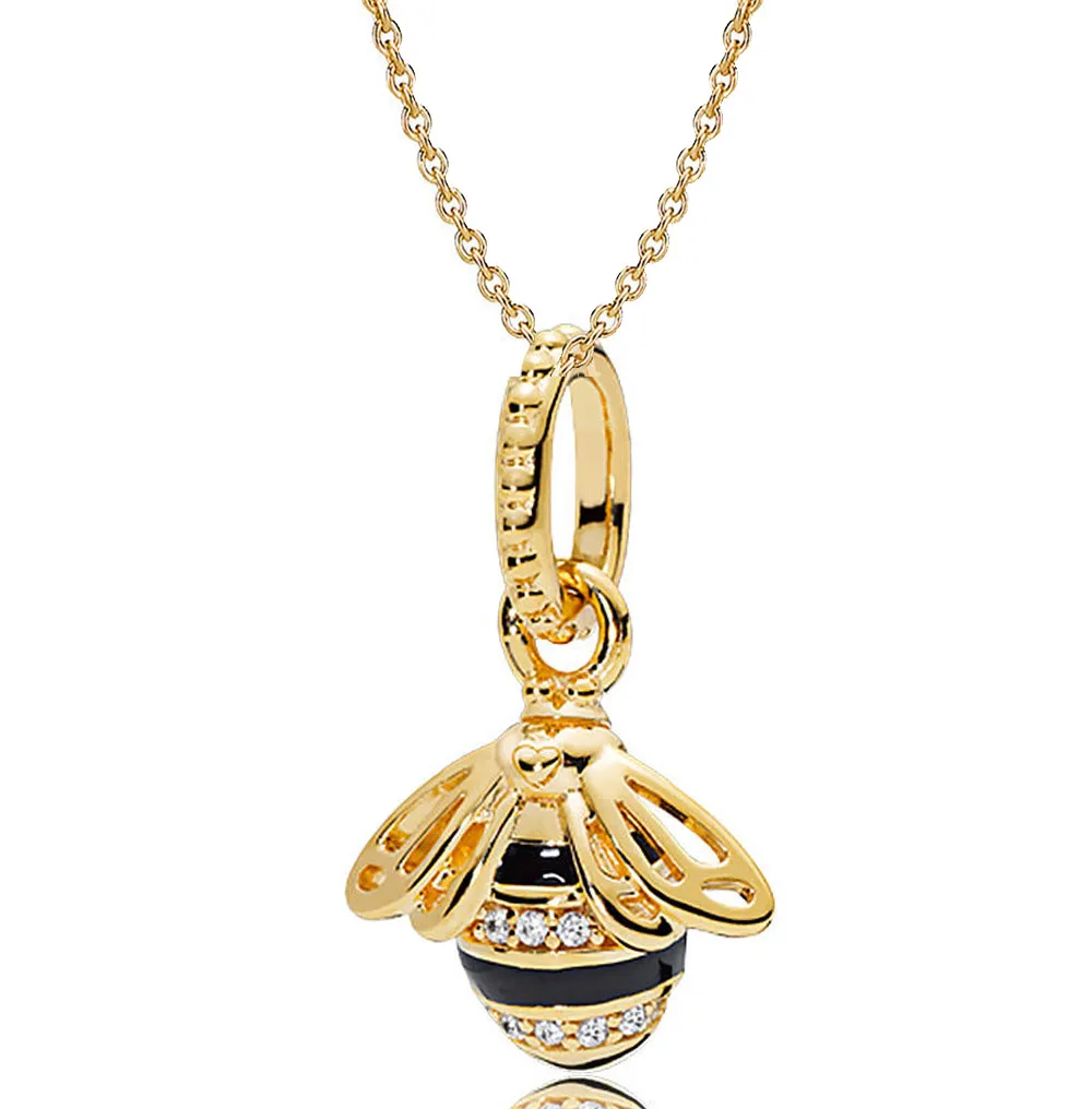 

New 925 Sterling Silver Necklace Black Enamel Gold Color Shine Queen Bee Necklace For Women Wedding Gift Pandora Jewelry