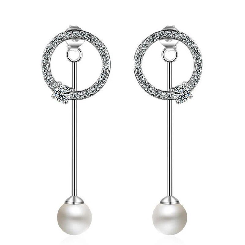 

Fashion 925 Silver Clear Zircon Pearl Circle Stud Earrings For Girls Women Simple Wedding Earring Gift Jewelry ED418