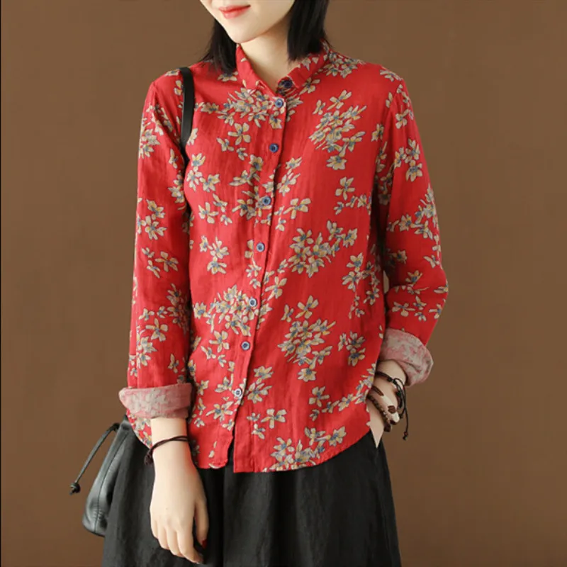 

Johnature 2019 Spring New Women Red Cotton Shirts Vintage Print Floral Blouses Soft Chinese Style Women Tops Casual Shirts Loose