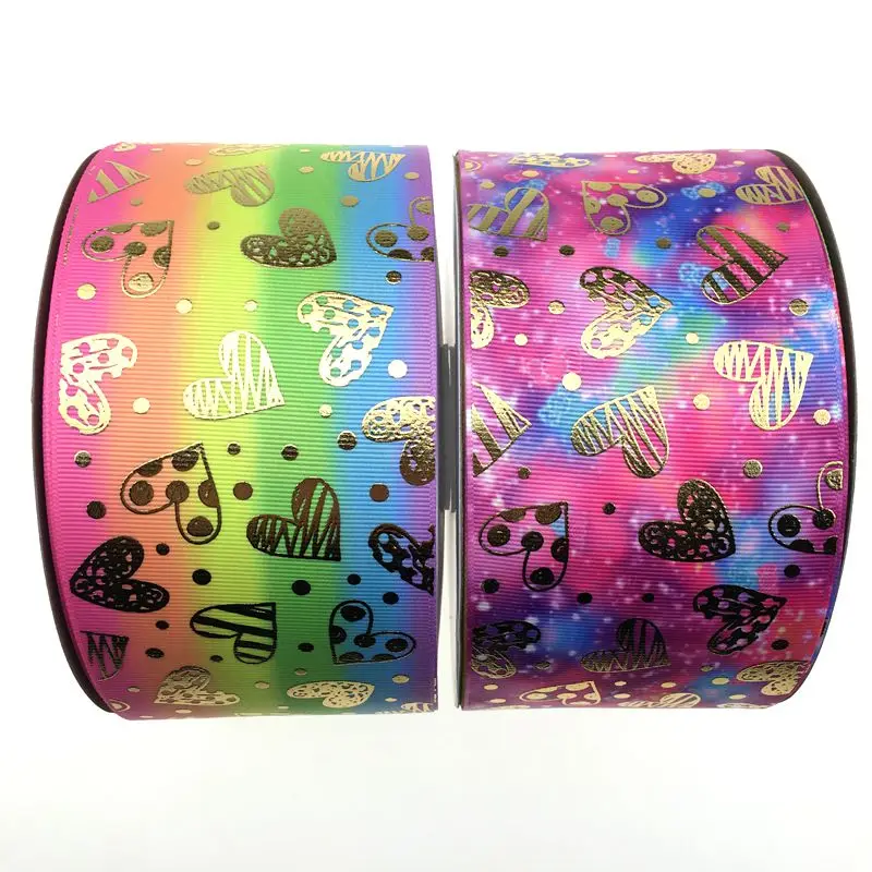 

2019 New design 100 yards 75mm 3" Valentine's day heart grosgrain hologram gold printed with heat transfer ribbon