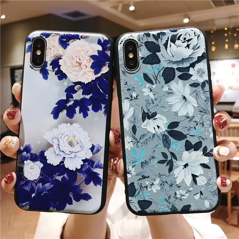 

Retro Peony Flower Phone Case For iPhone X XR XS MAX Soft Silicone Relief Floral Cover For iPhone 6 6s 7 8 Plus Back Case