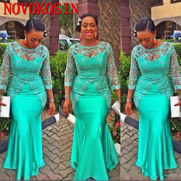 

Turquoise African Mermaid Evening Dress 2019 Vintage Lace Nigeria Long Sleeve Sexy Prom Dresses Evening Party Gowns